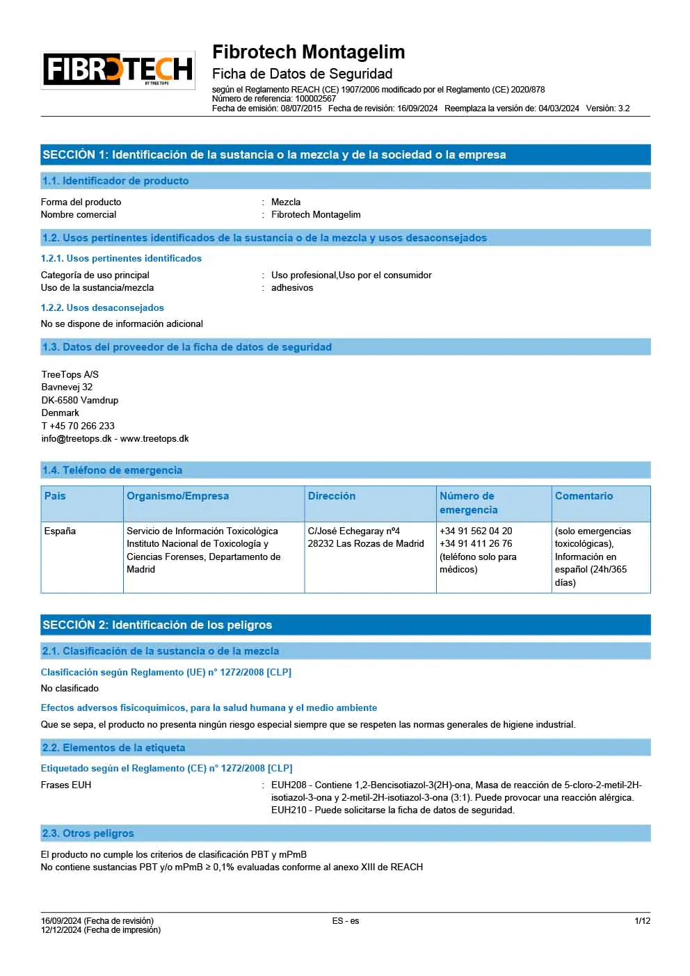 FibroTech pegamento SDS